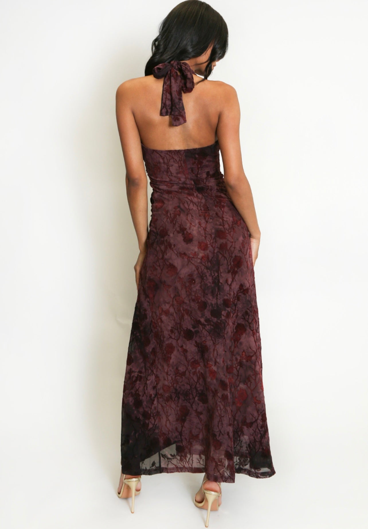 Burgundy Velvet Floral Detail Halterneck Maxi Dress