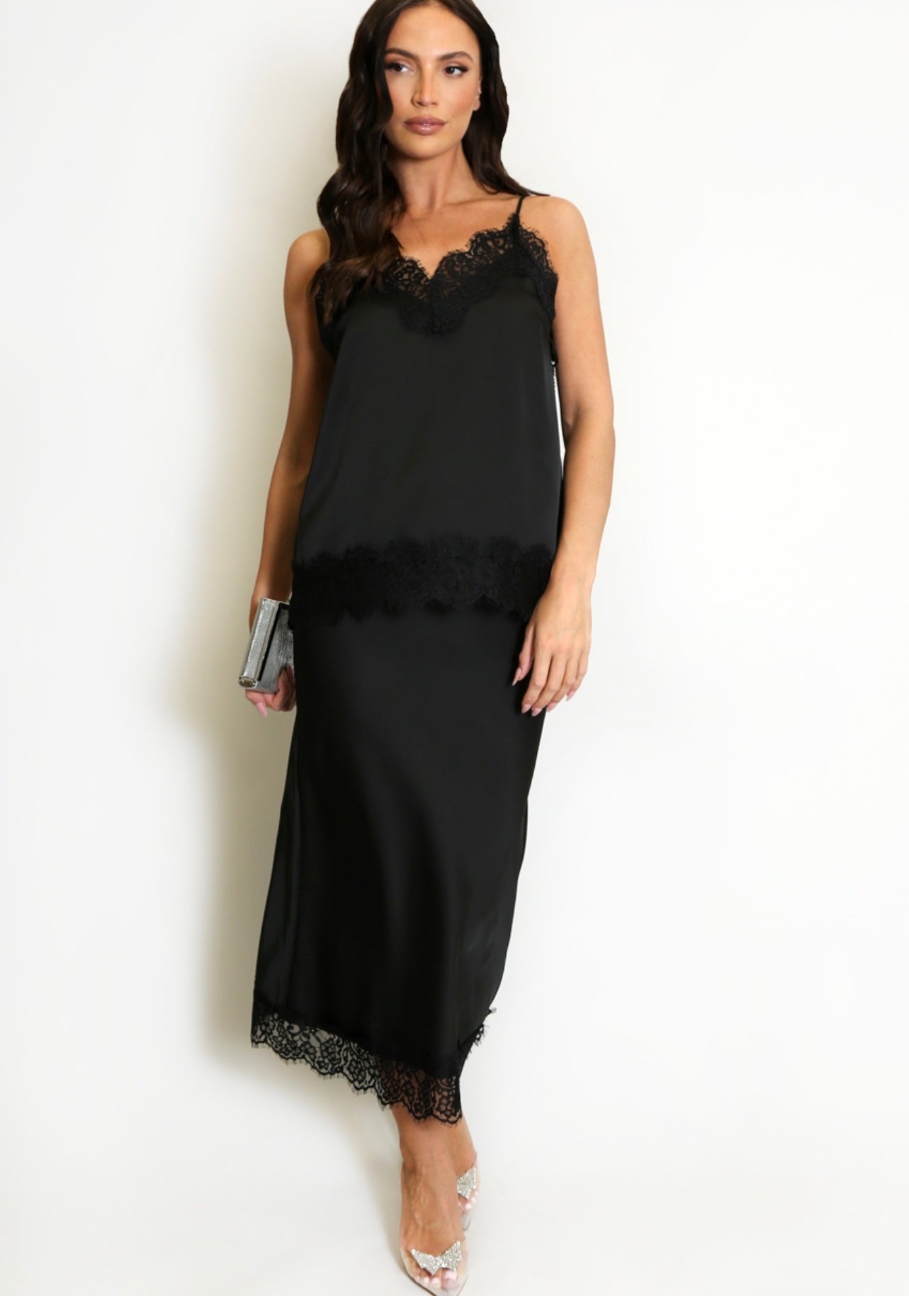 Black Lace Hem Satin Skirt