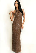 Brown Sequin Halterneck Open Back Maxi Dress