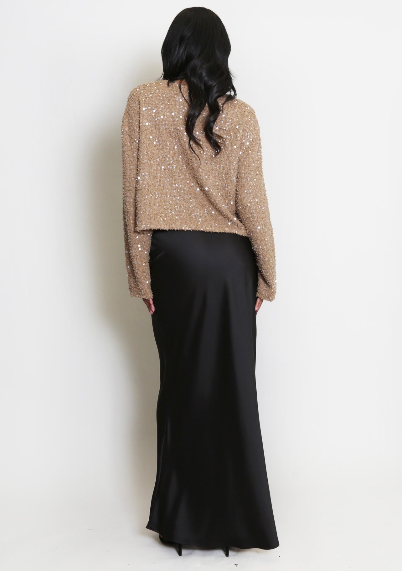 Beige Sequin Tweed Long Sleeve Top