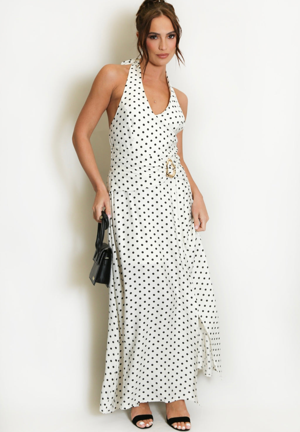 White Polka Dot Halter Neck Maxi Dress