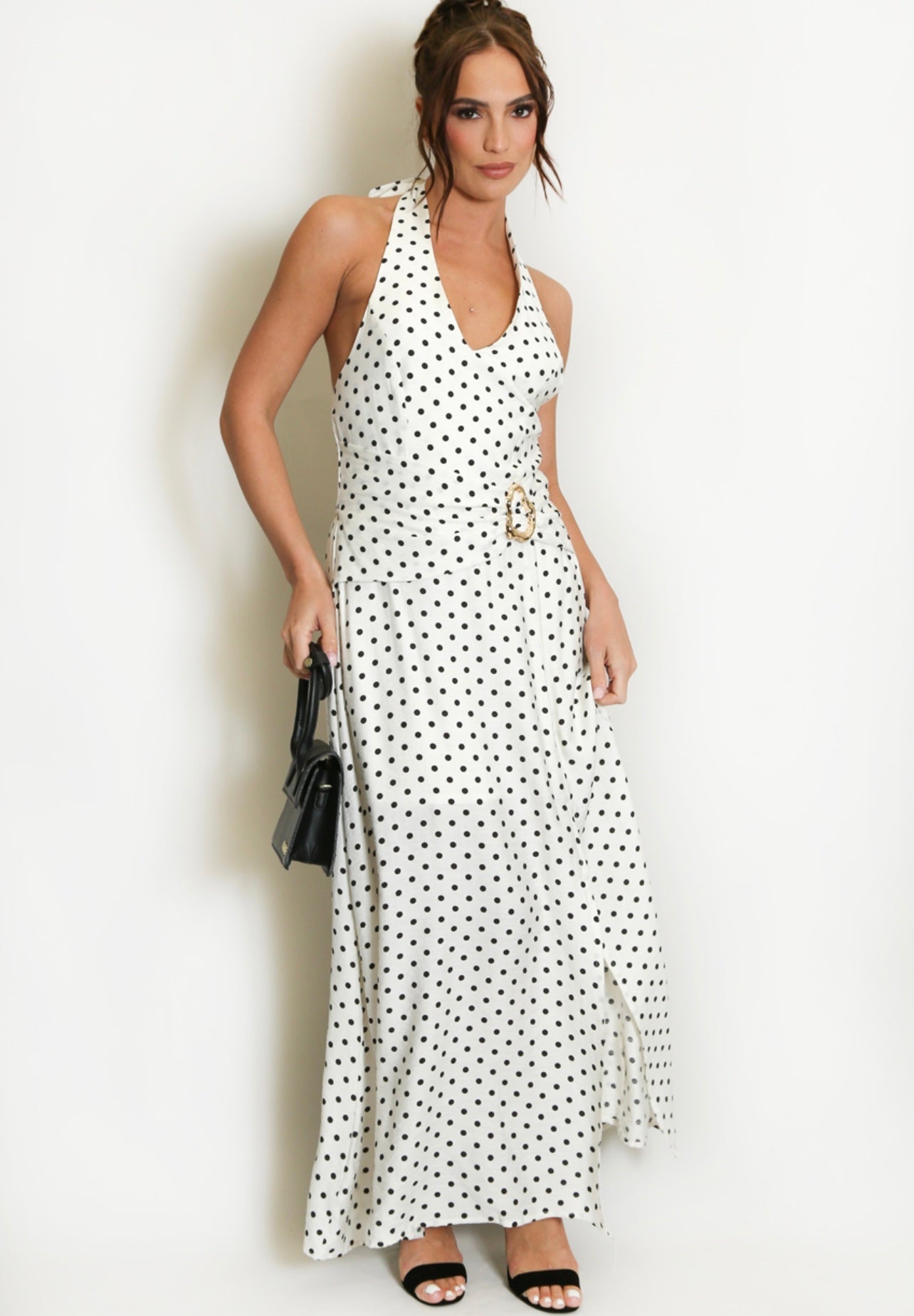 White Polka Dot Halter Neck Maxi Dress