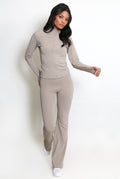 Taupe Active Zip Top And Push Up Flare Trouser Set