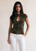 Khaki Floral Textured Keyhole Mandarin Top