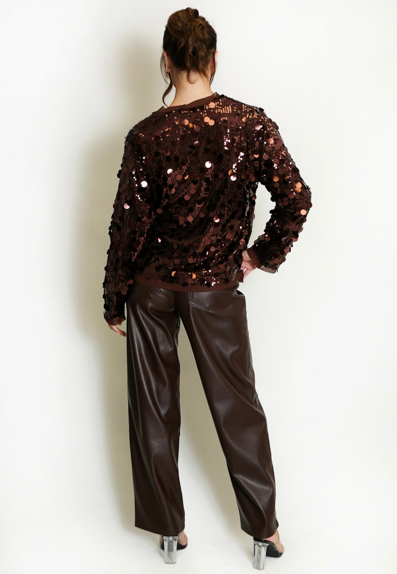 Brown Disc Sequin Wrap Blouse
