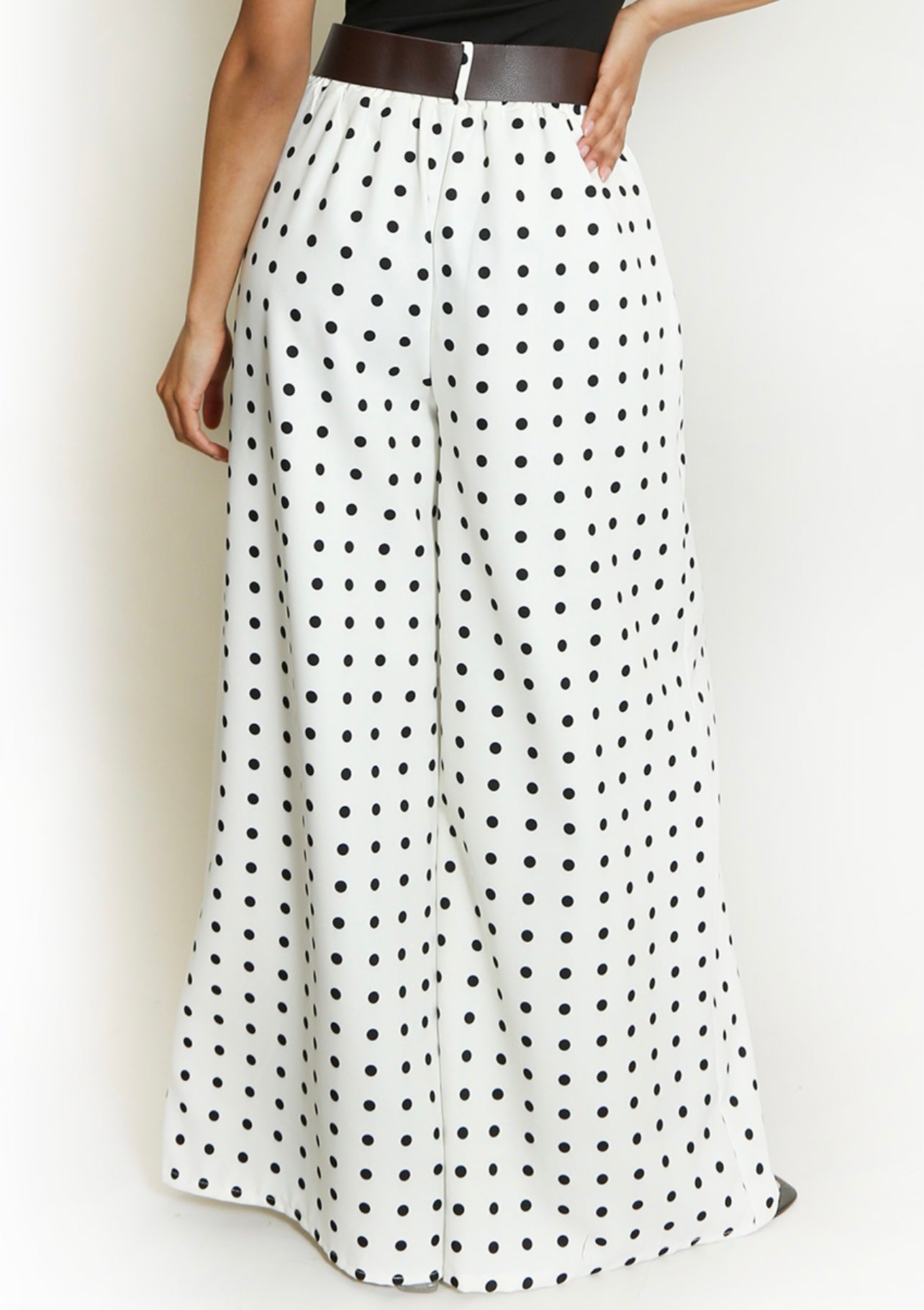 White Polka Dots Wide Leg Belted Trousers