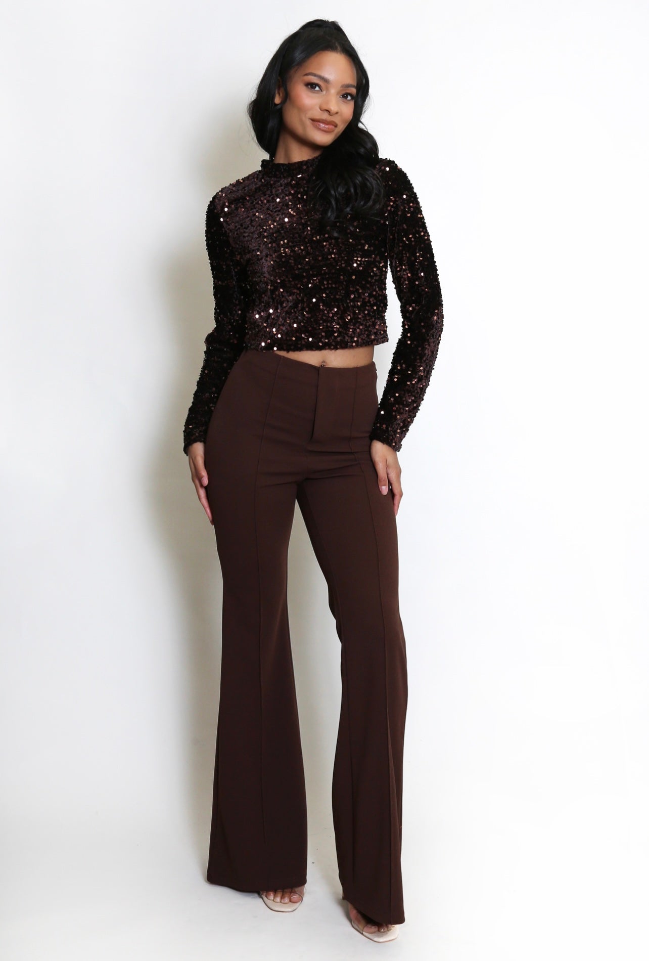 Brown Seam Front Flare Trouser