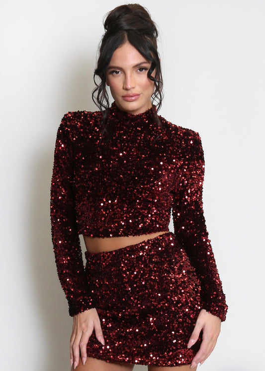 Wine High Neck Sequin Long Sleeve Top