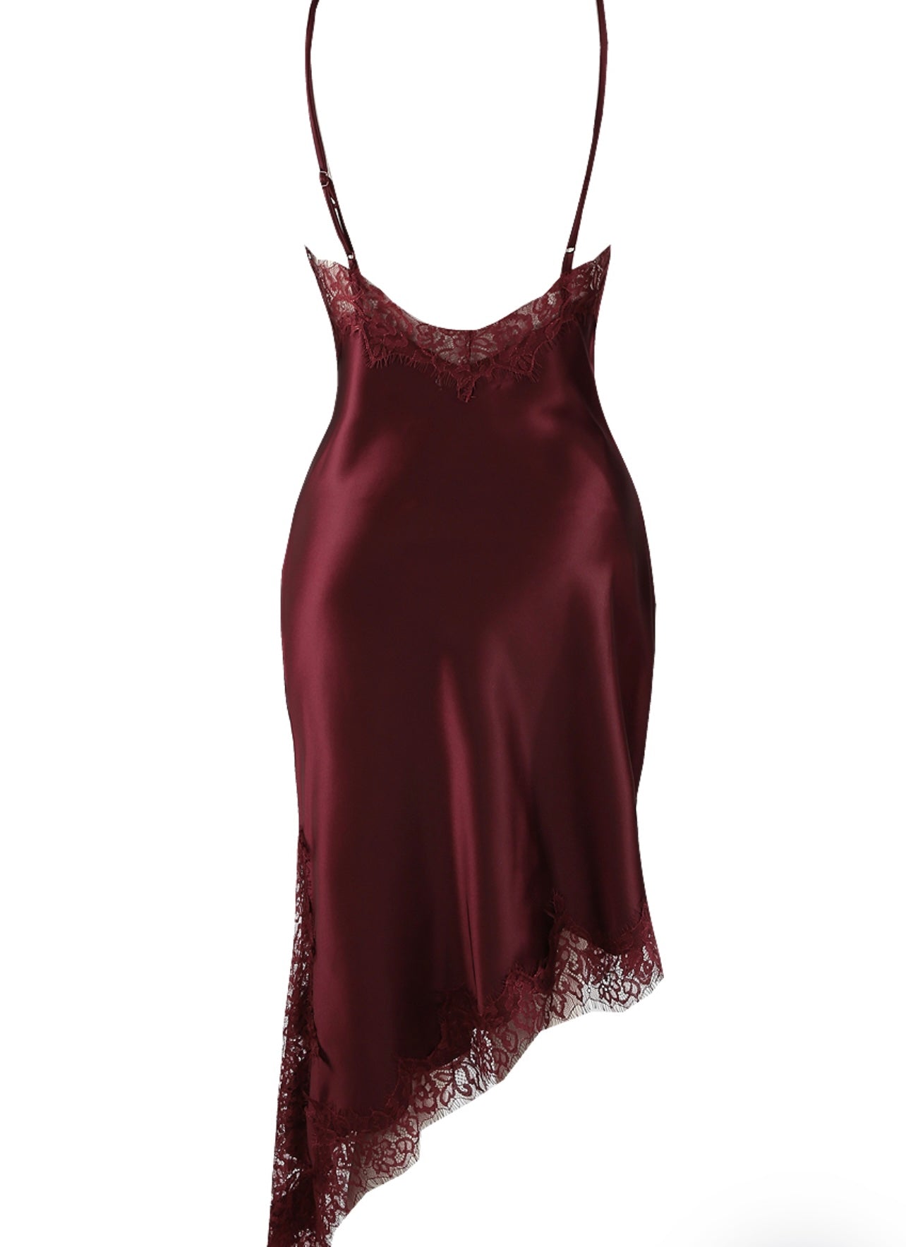 Wine Satin Lace Asymmetric Hem Dress