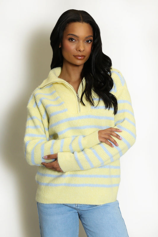 Lemon and Blue Half Zip Striped Jumper