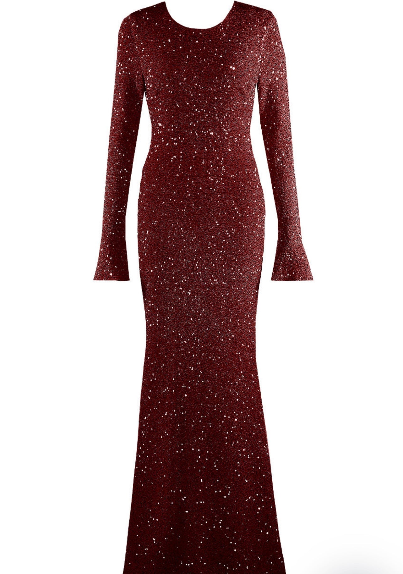 Wine Sequin Open Back Long Sleeves Maxi Dress