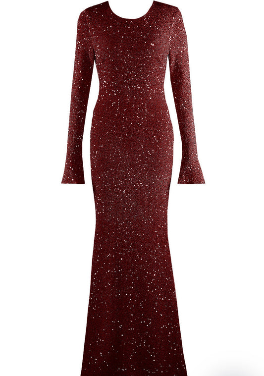 Wine Sequin Open Back Long Sleeves Maxi Dress