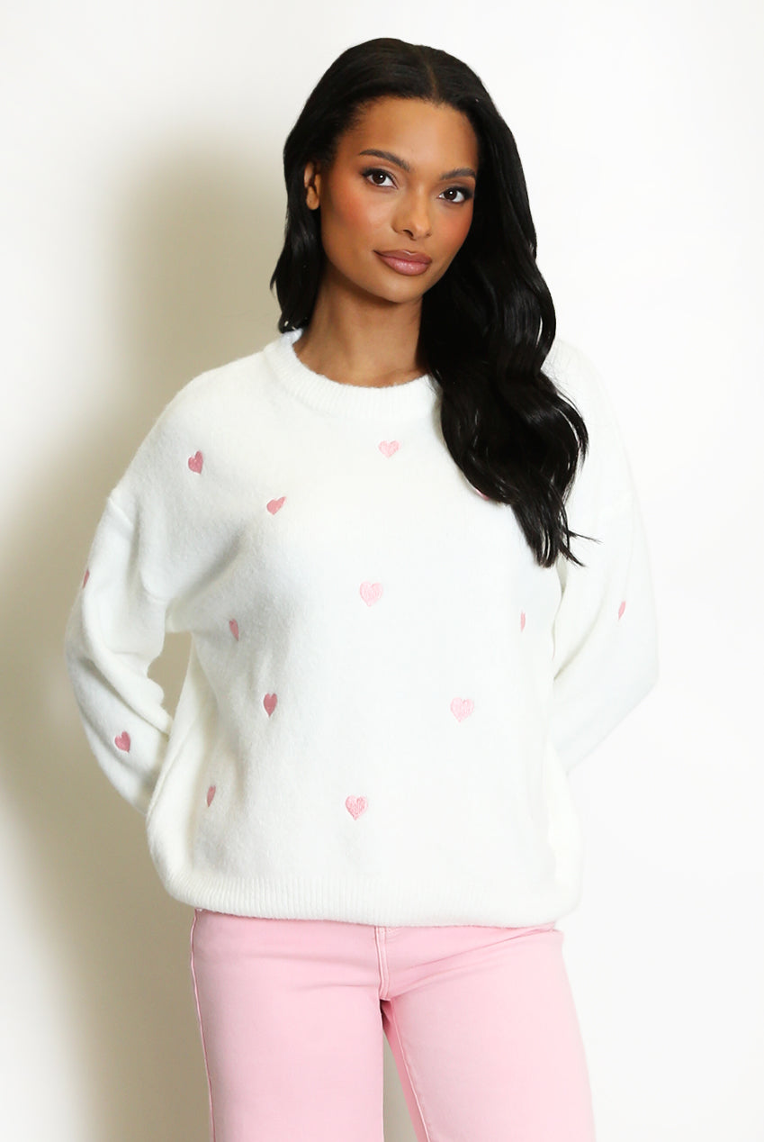 White Heart Embroidered Soft Knit Jumper