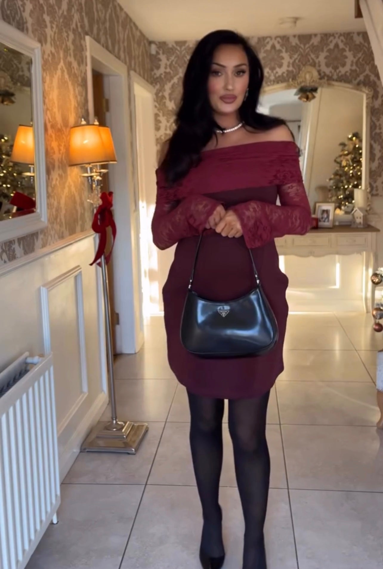 Wine Lace Off Shoulder Mini Dress