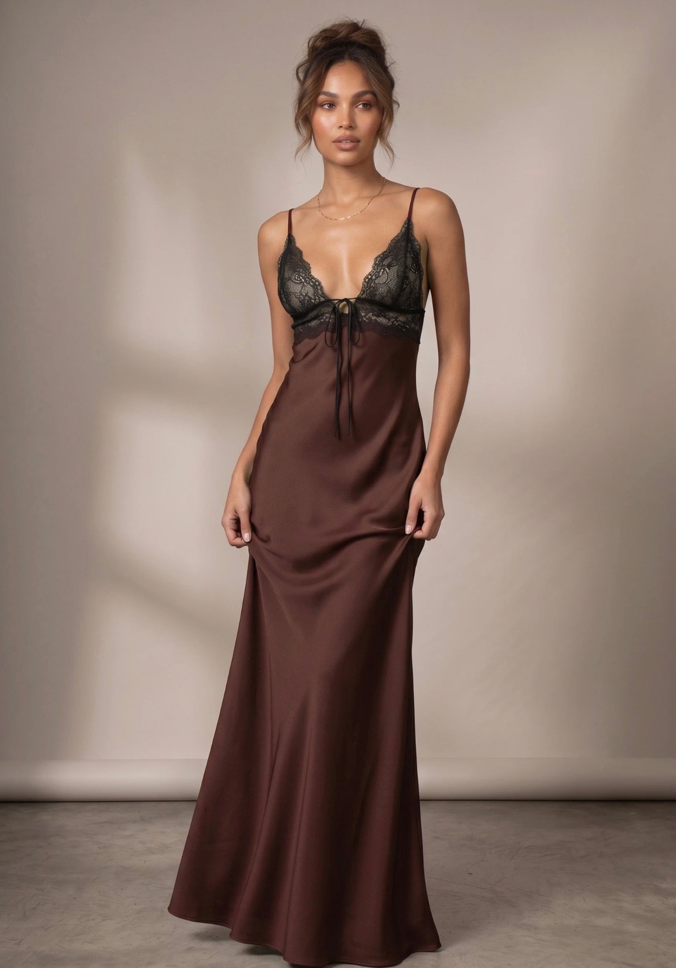 Brown Lace Bodice Satin Maxi Dress
