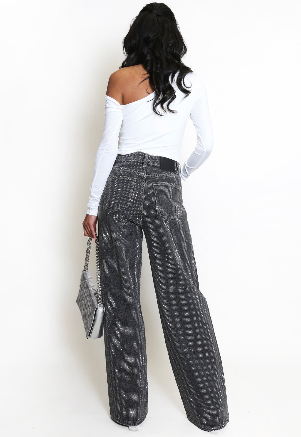 White Long Sleeve Crop Top With Asymmetric Neckline