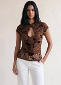 Brown Floral Textured Keyhole Mandarin Top
