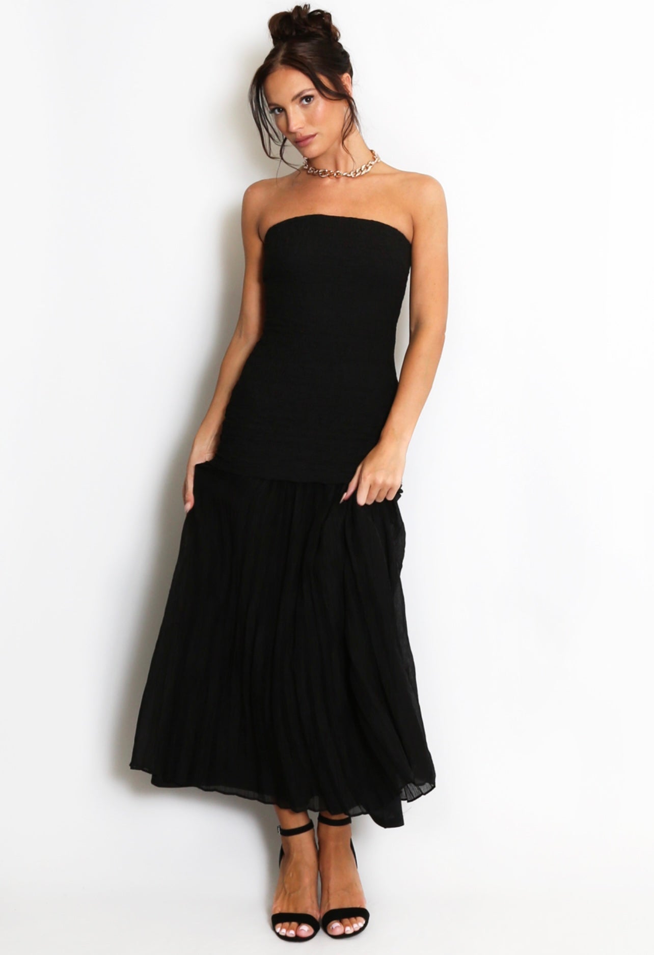 Black Chiffon Pleated Bandeau Maxi Dress
