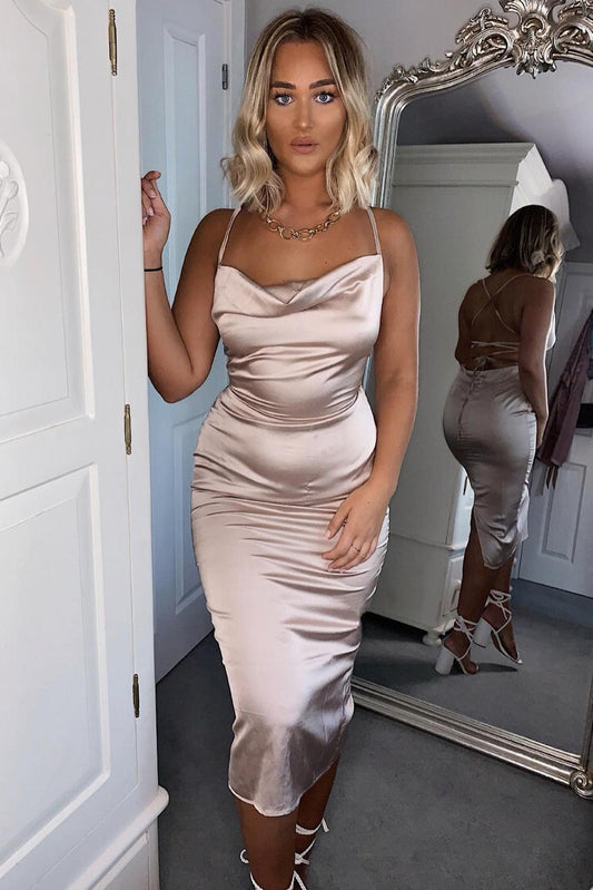 Nude Satin Backless Midi Dress