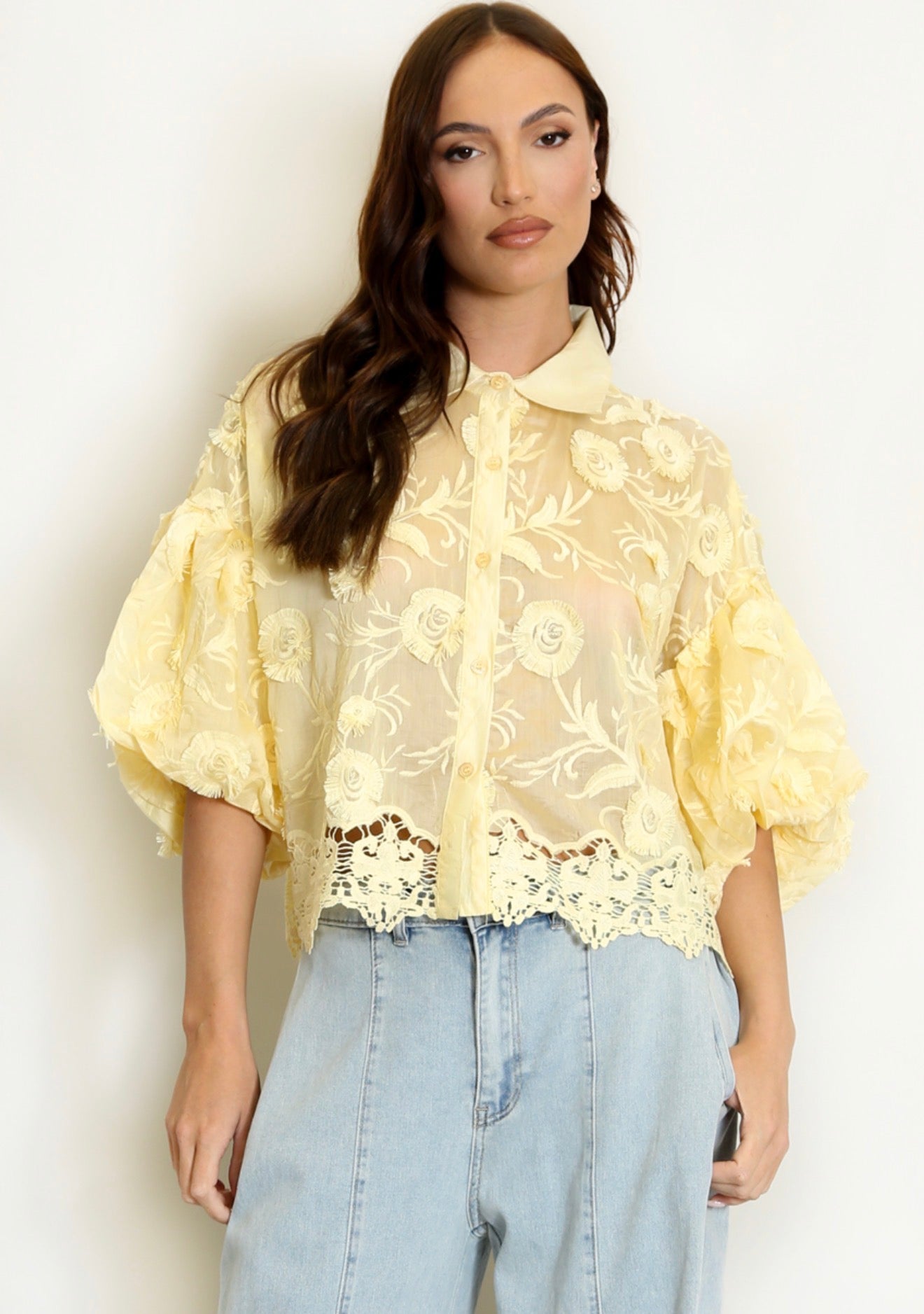 Lemon Lace Embroidered Puff Sleeve Blouse