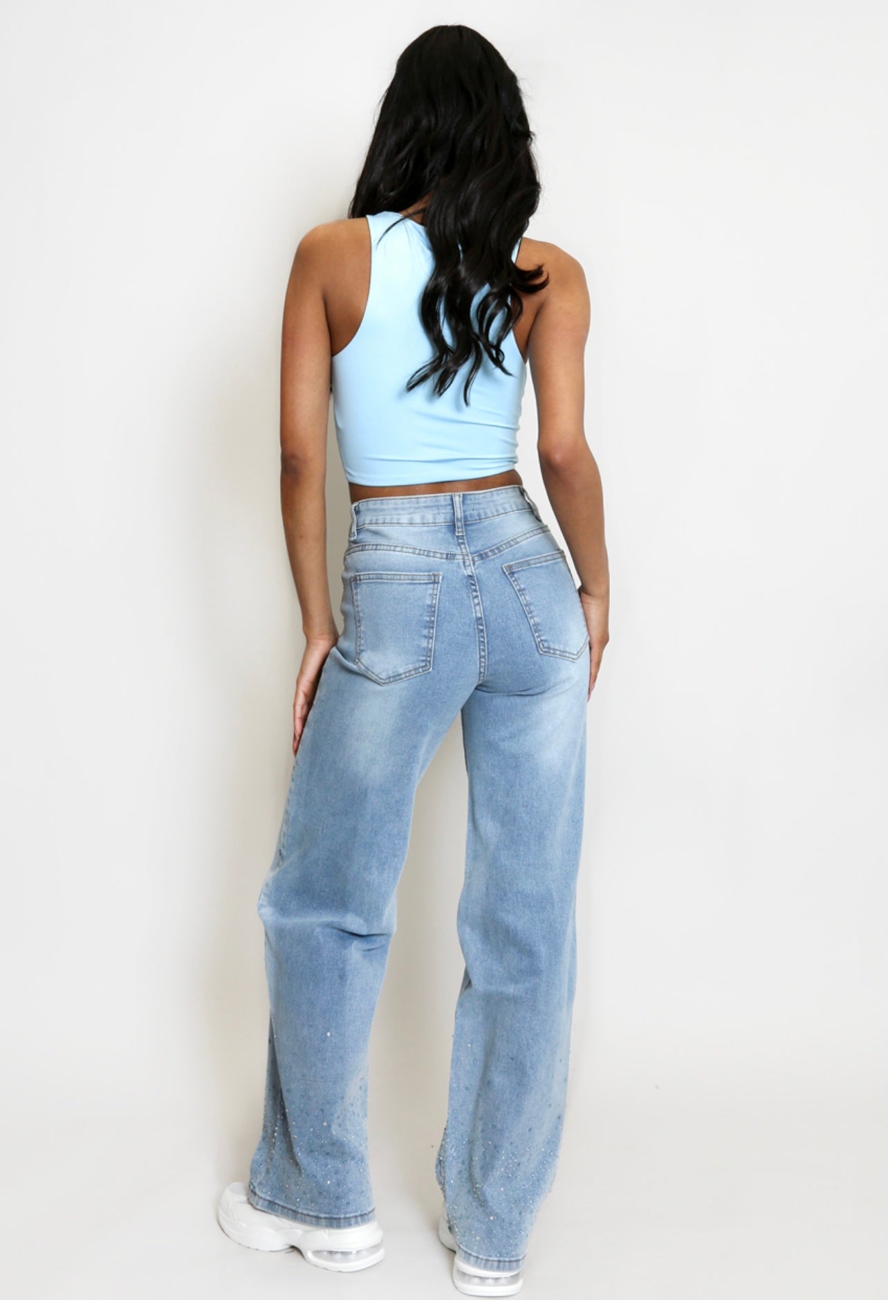 Studs Trim Wide Leg Denim Jeans
