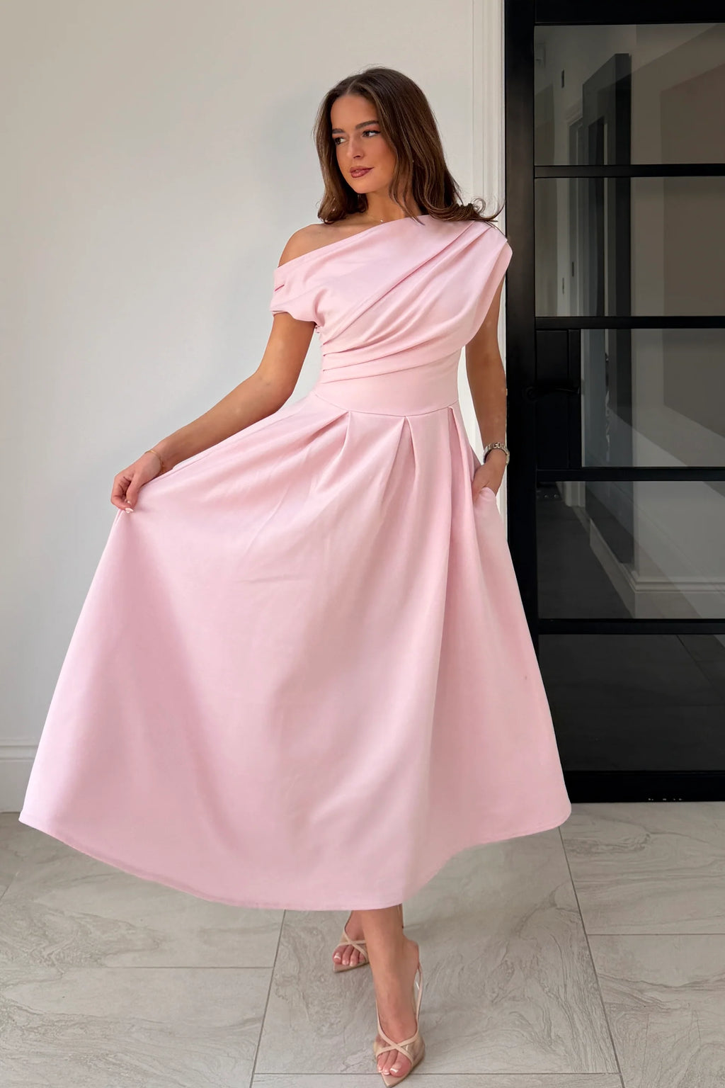 Betty Asymmetric Neckline Skater Midi Pink