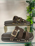 Chocolate Brown Buckle Strap Slip On Sandals