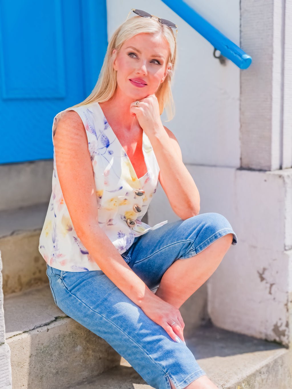 Floral Denim Gold Button Waistcoat