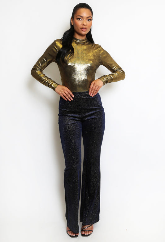 Gold Metallic High Neck Long Sleeve Bodysuit