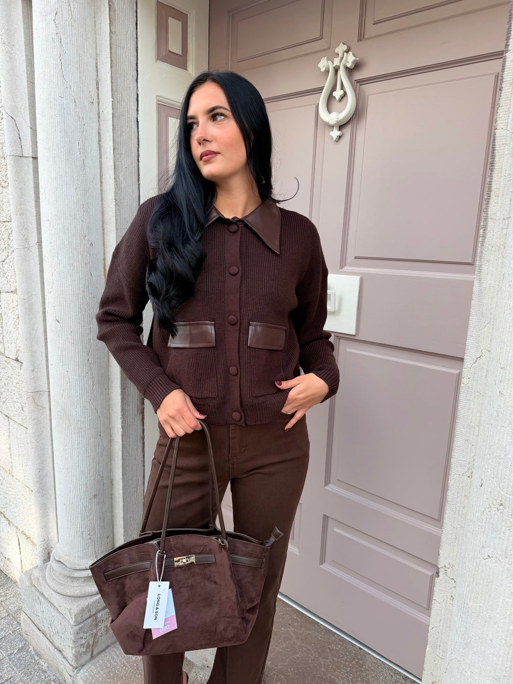 Brown Knitted Jumper With Brown Leather Collar And Pocket Detail