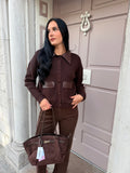 Brown Knitted Jumper With Brown Leather Collar And Pocket Detail