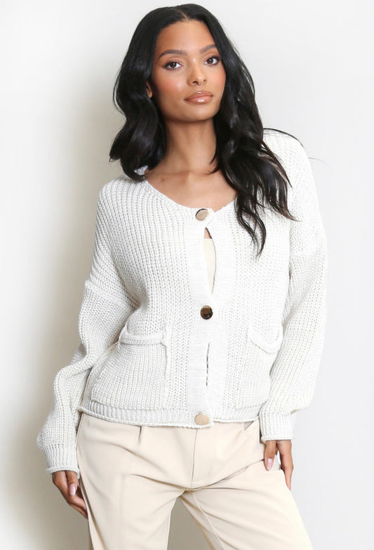 Cream Round Neck Over Sized Button Cardigan