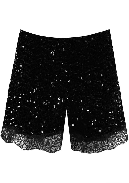 Black Sequin Lace Hem Shorts