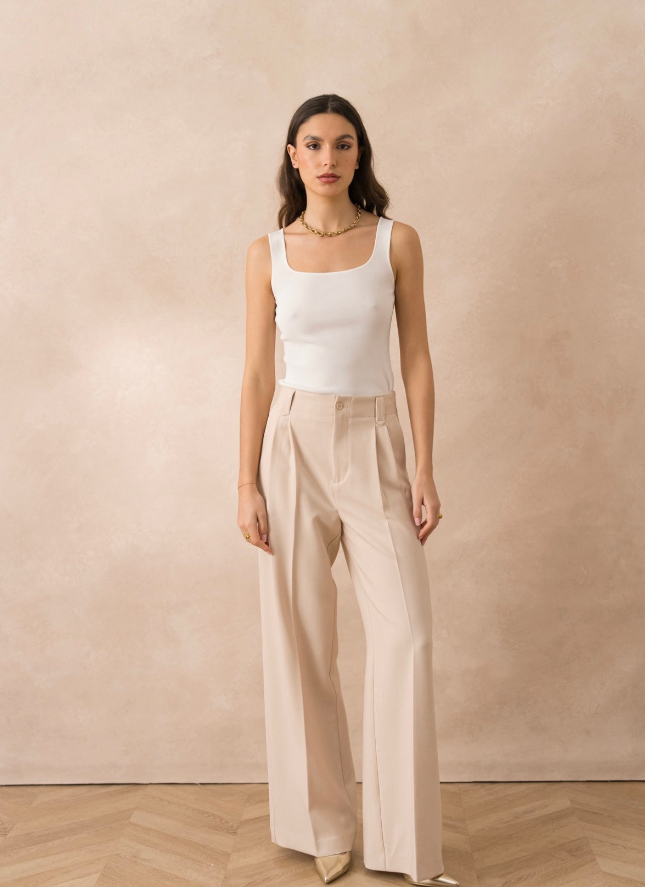 Beige Tailored Single Pleat Wide Leg Trousers