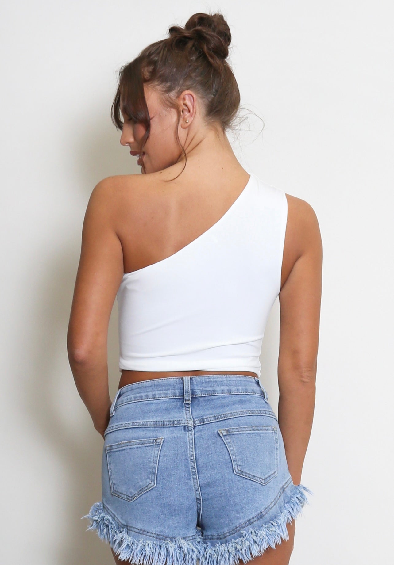 White One Shoulder Ruched Crop Tops