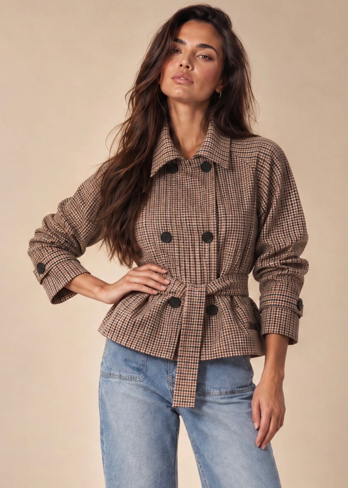 Brown Check Plaid Cropped Trench Coat