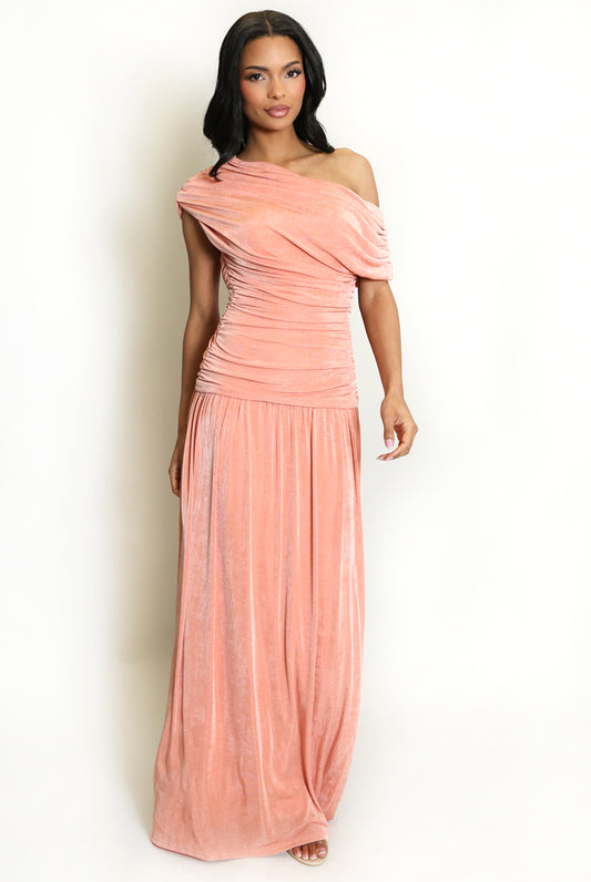 Pink Drape Bardot Ruched Maxi Dress