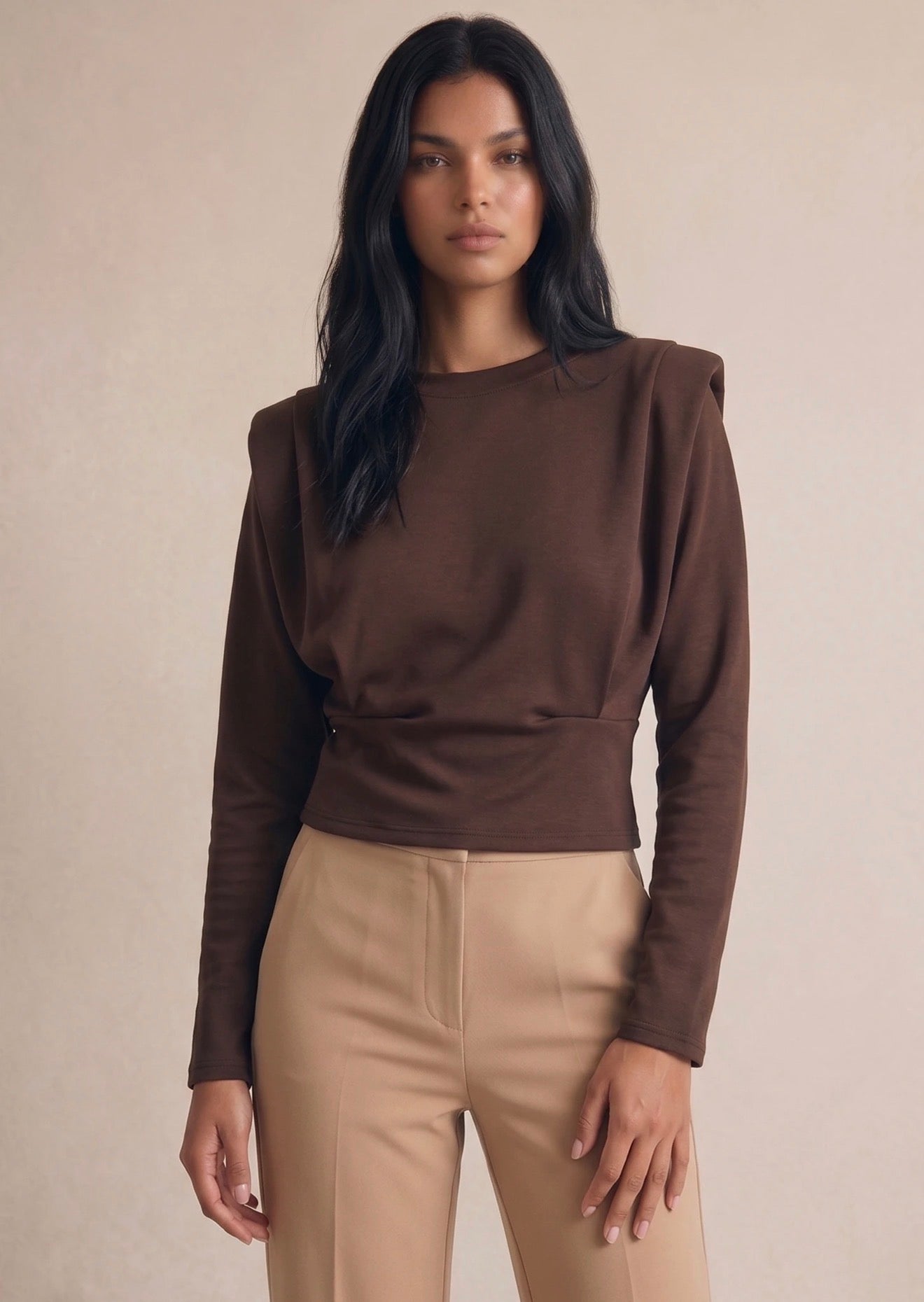 Brown Padded Shoulders Cinched Jumper