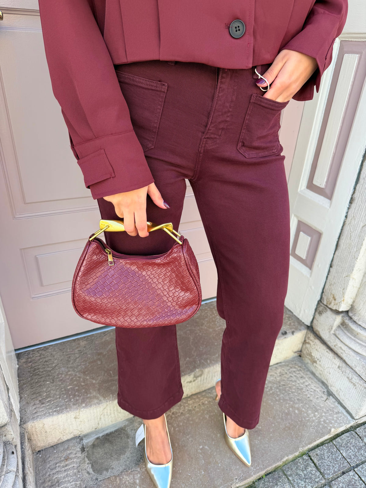 Burgundy Pleated Good Detail Handle Handbag