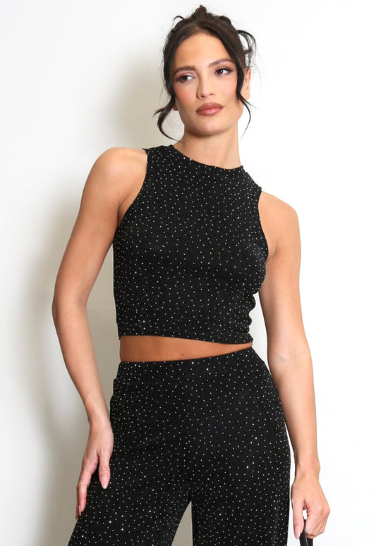 Black Embellished Sleeveless Crop Top