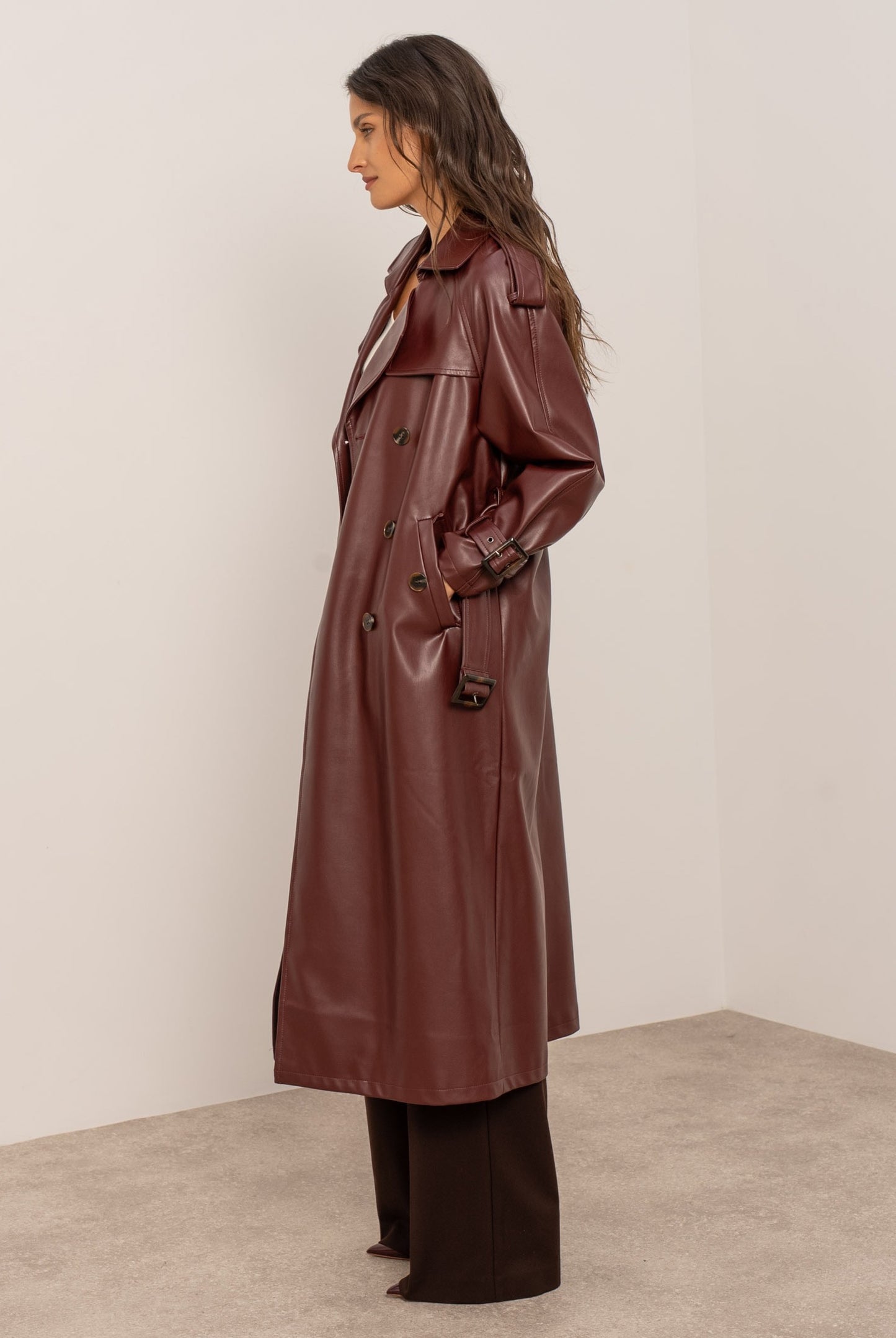 Burgundy PU Long Trench Coat