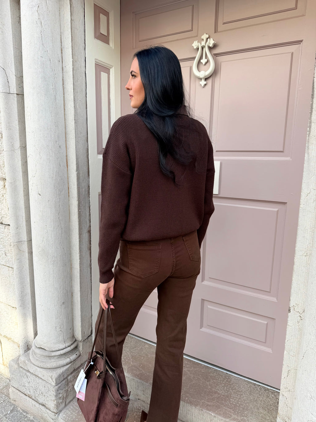 Brown Knitted Jumper With Brown Leather Collar And Pocket Detail
