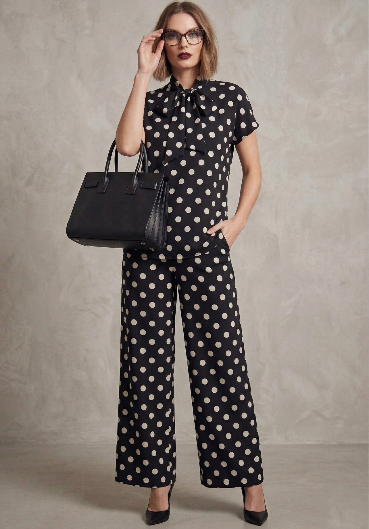 Black Pussy Bow Polka Dot Blouse