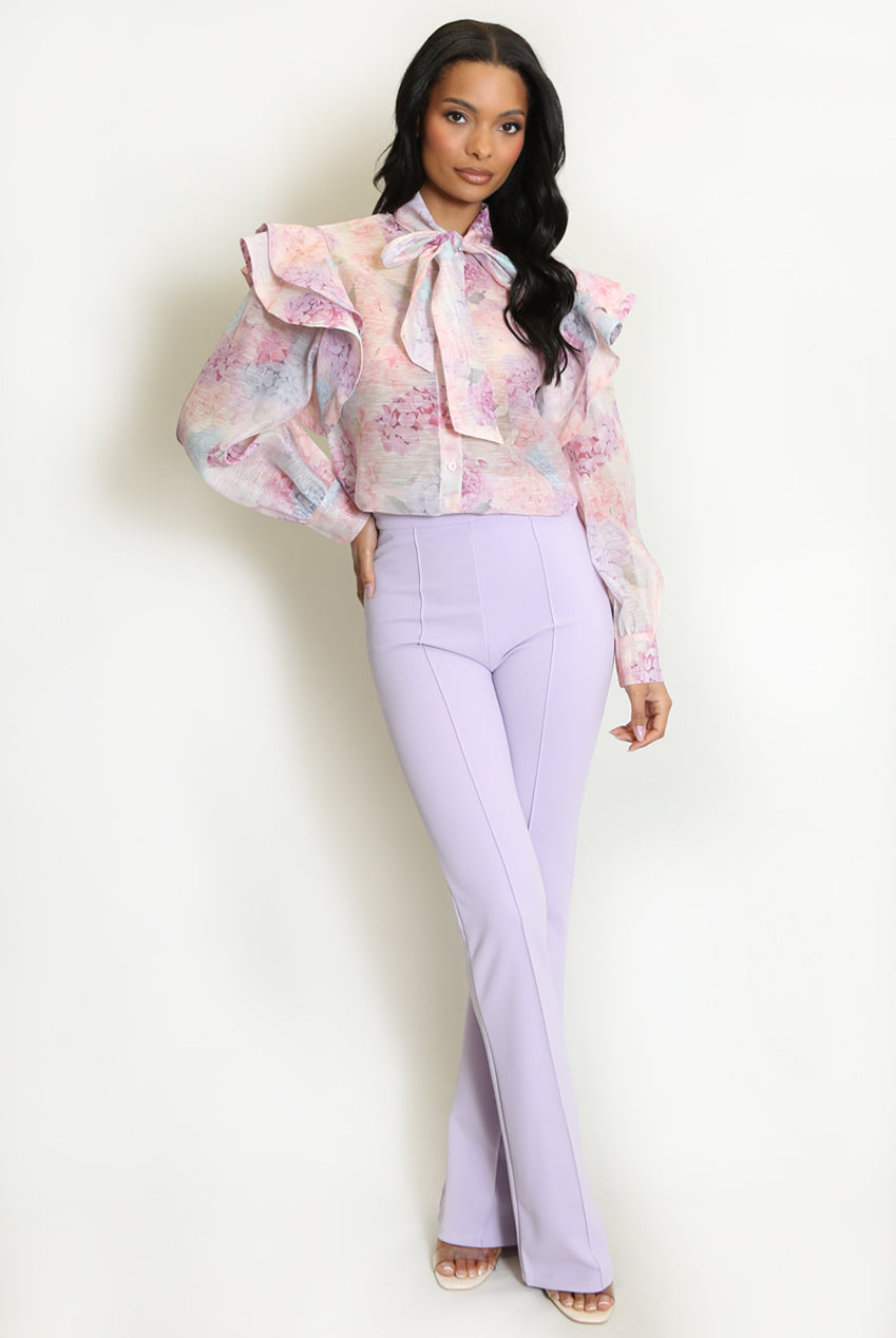 Pink Vintage Floral Print Pussy Bow Blouse