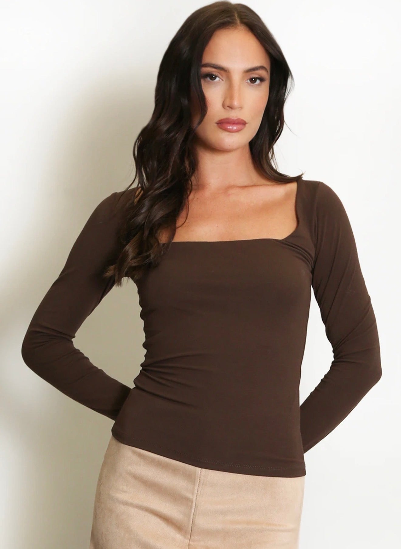 Brown Square Neck Long Sleeve Basic Top