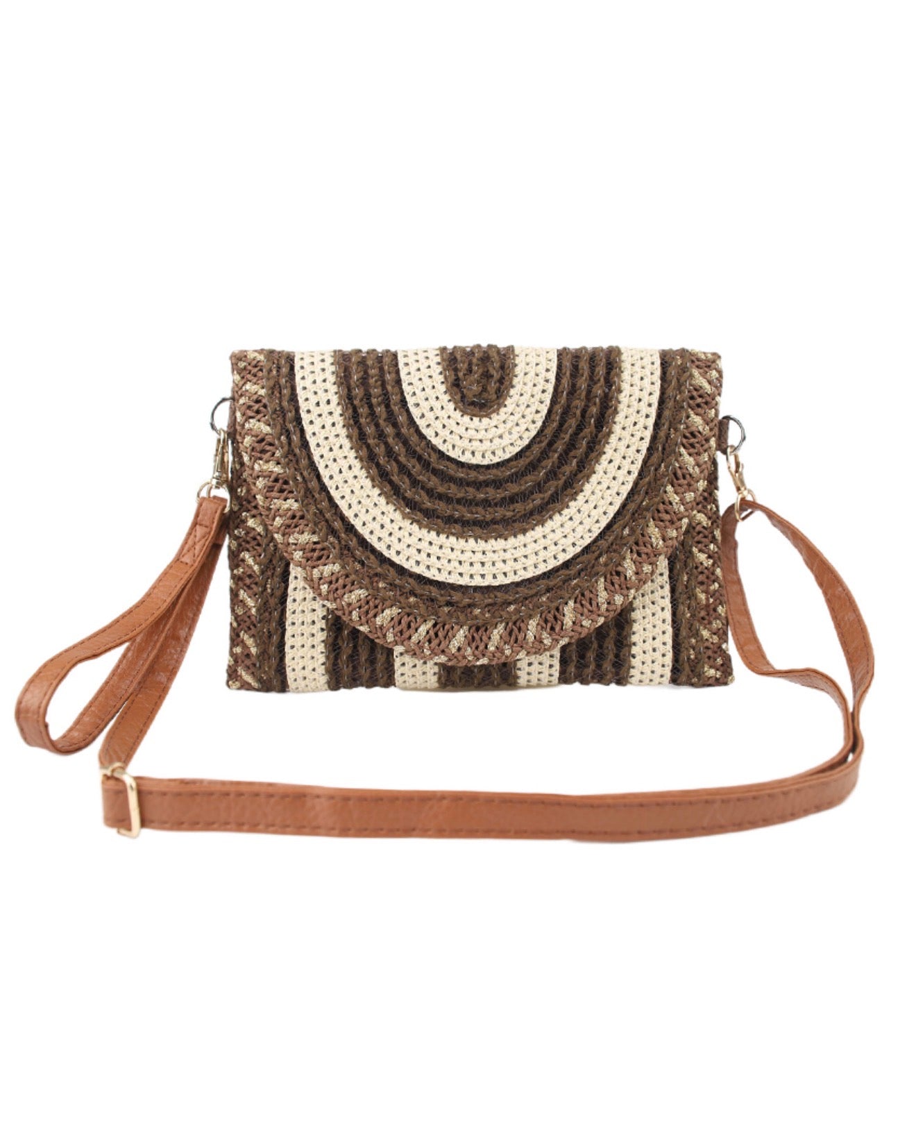 Brown Contrast Natural Woven Clutch Bag