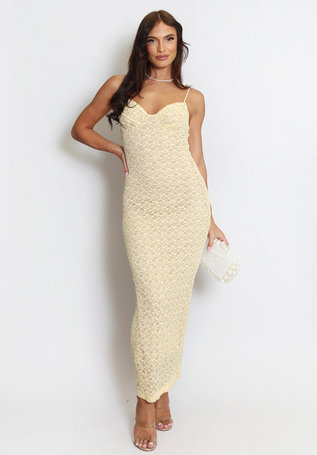 Lemon Lace Maxi Dress With Nude Lining