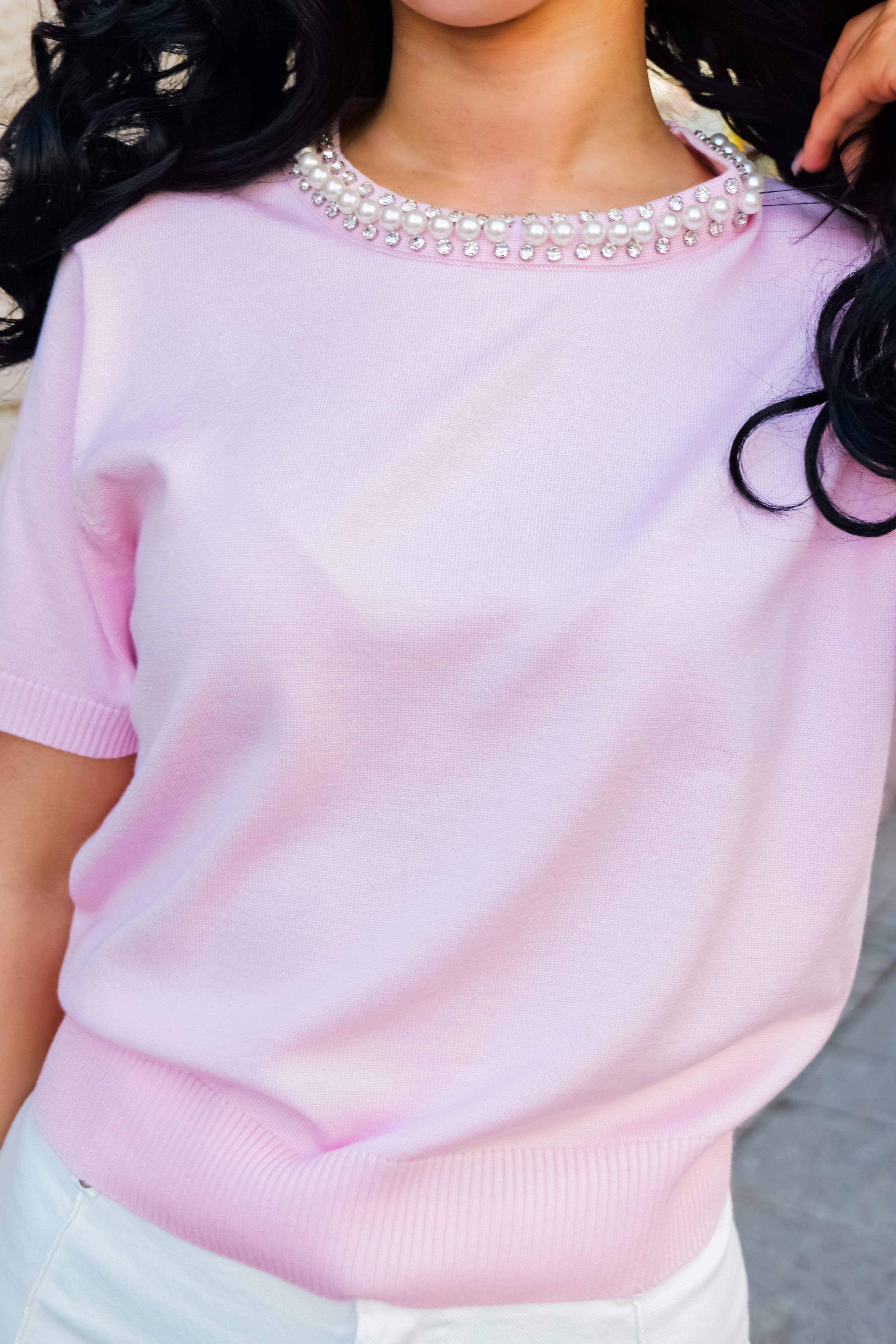 Baby Pink Pearl Detail Knit Top