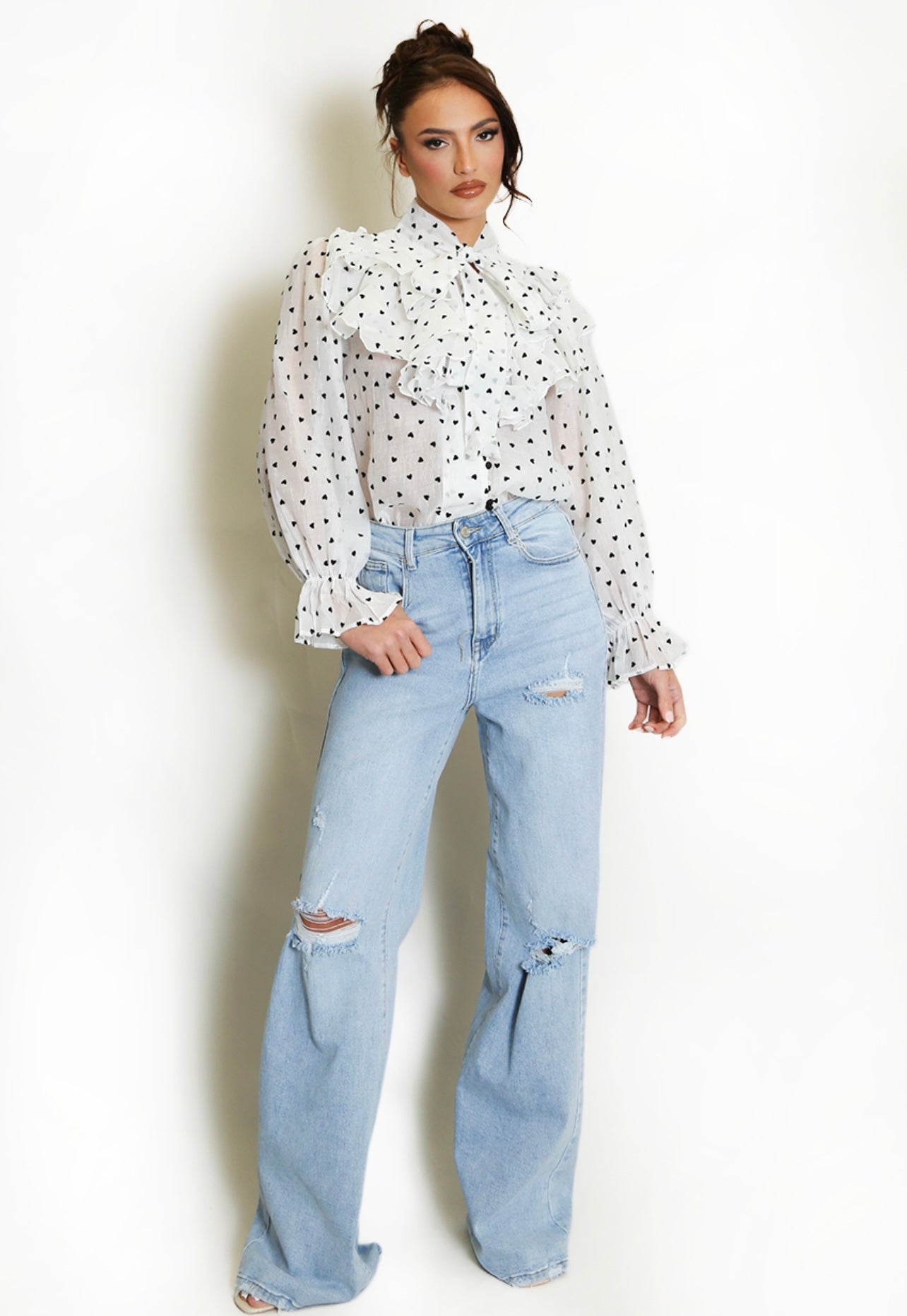 White Hearts Print Tie Neck Chiffon Blouse