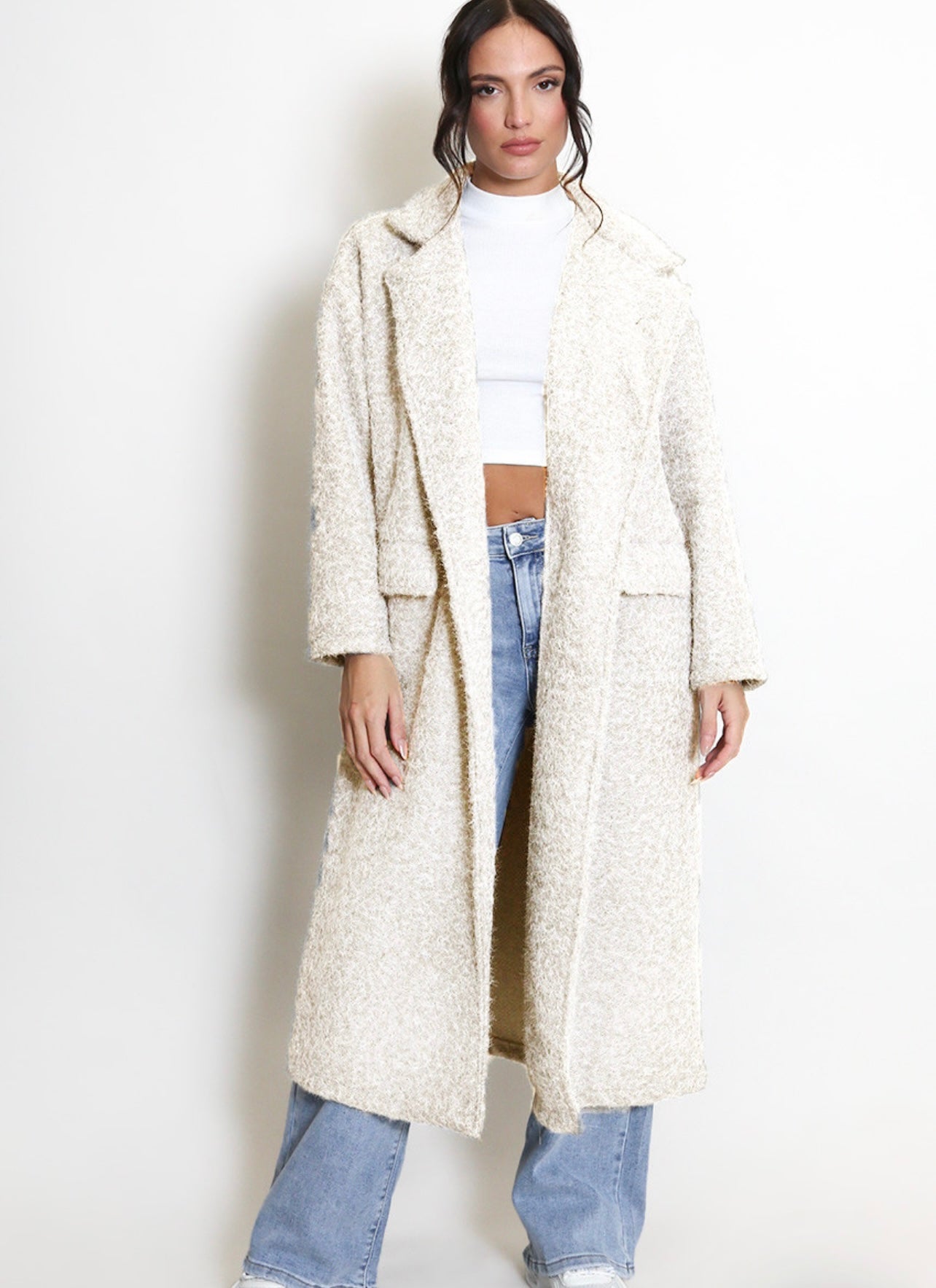 Cream Boucle Double Button Oversized Coat